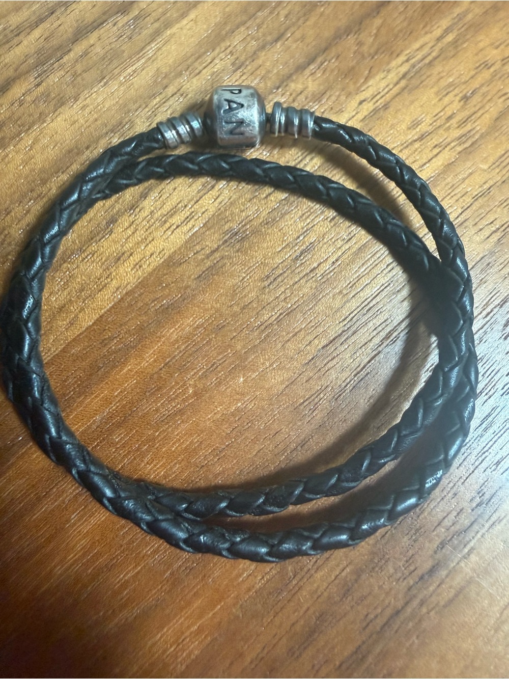 Pandora Black Braided Leather Double Wrap Bracelet with Sterling Silver moments